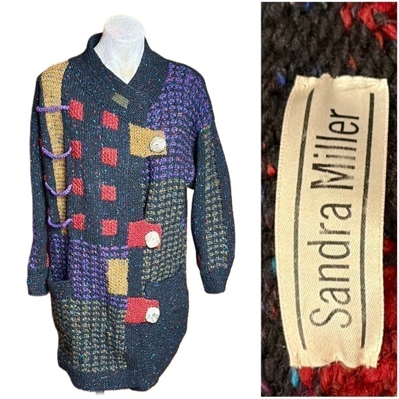 Vintage Sandra Miller Handloomed Artwear Cardigan OS in Black, Purple Red olive - Picture 1 of 16